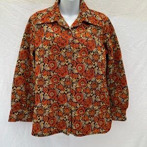 Vintage Floral Patterned Women's Top - Orange and Black